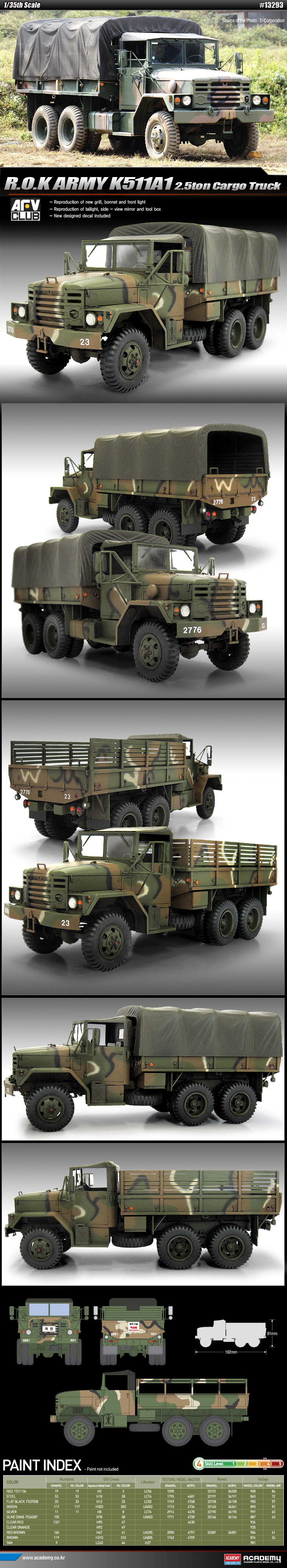 Academy 1/35 R.O.K. ARMY K511A1 2.5ton Cargo Truck Academy #13293