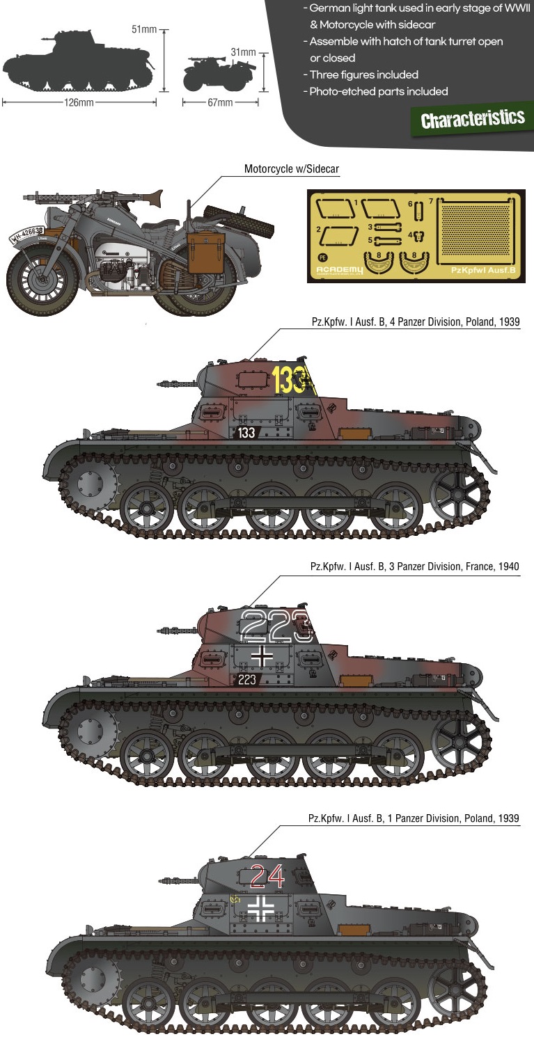 Academy 1/35 WWII German Pz.Kpfw.I Ausf.B & Motorcycle # 13556