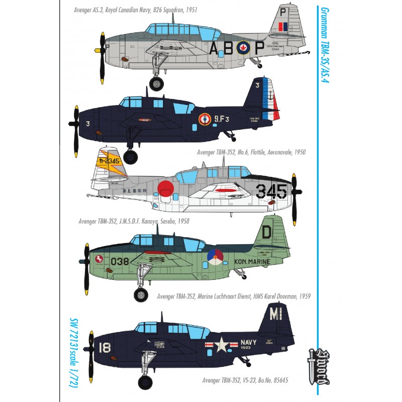 Sword 1/72 Grumman TBM-3S2 Avenger (5 markings RCN, France, Holland, Japan, USN) # 72131