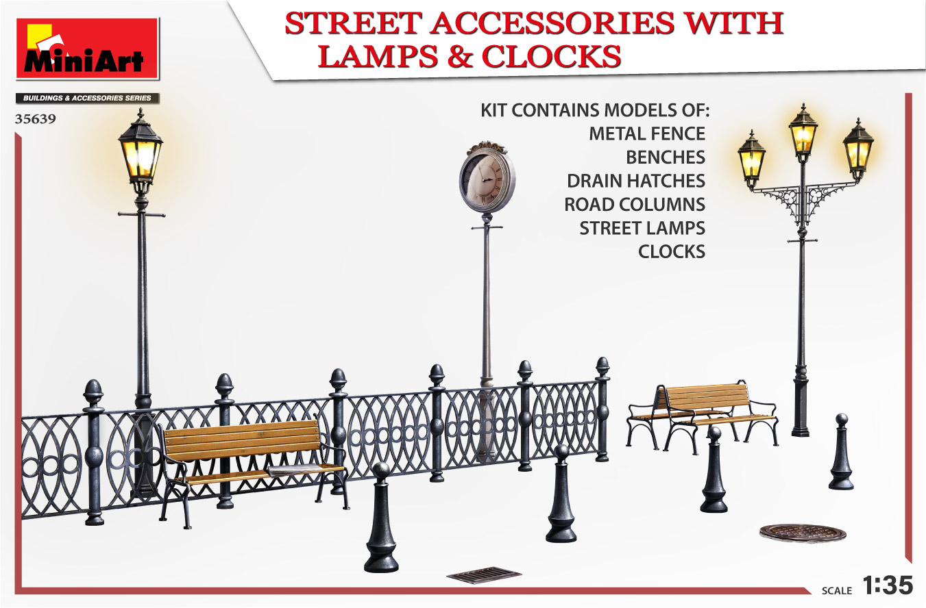 Miniart 1/35 Street Accessories w/t Lamps & Clocks # 35639