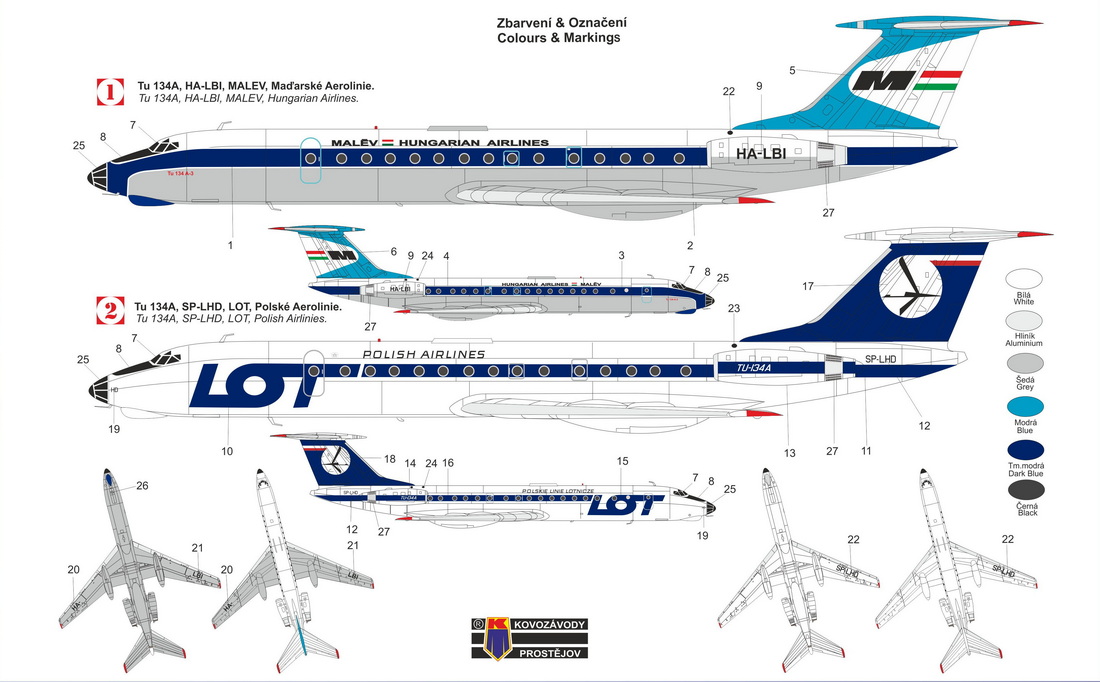 Kovozavody Prostejov 1/144 Tupolev Tu-134A-3 'Malev/LOT' New Tooling # 14411