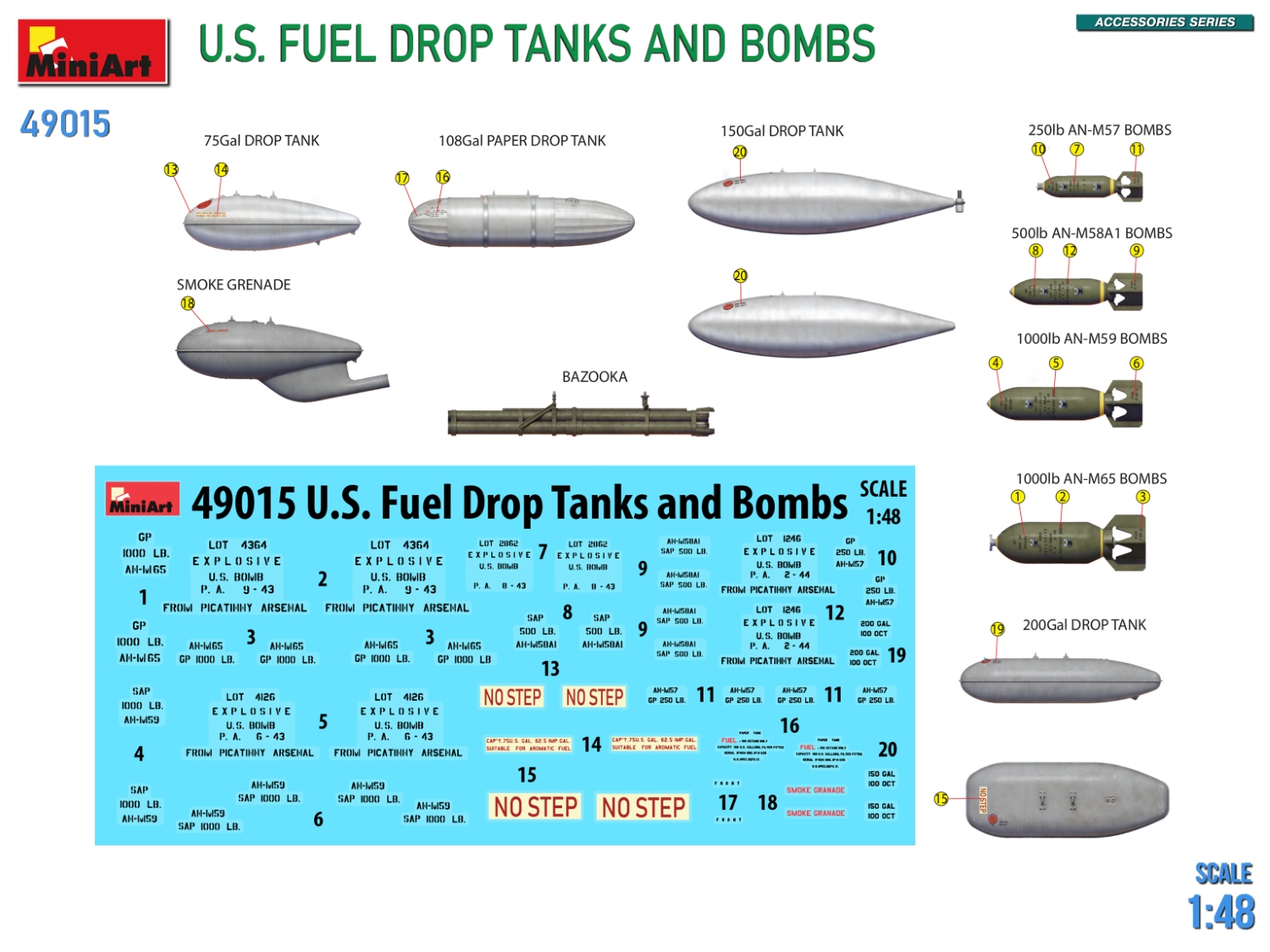 Miniart 1/48 US Fuel Drop Tanks and Bombs # 49015