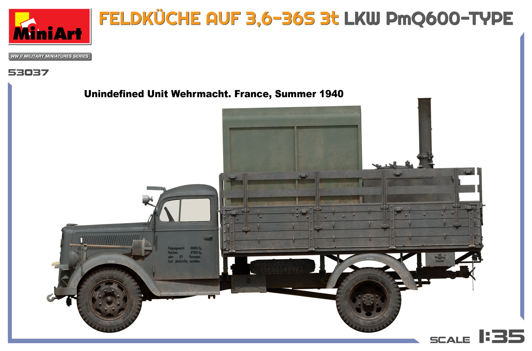 Miniart 1/35 Feldkuche Auf 3,6-36s 3t LKW PmQ600-Type # 53037