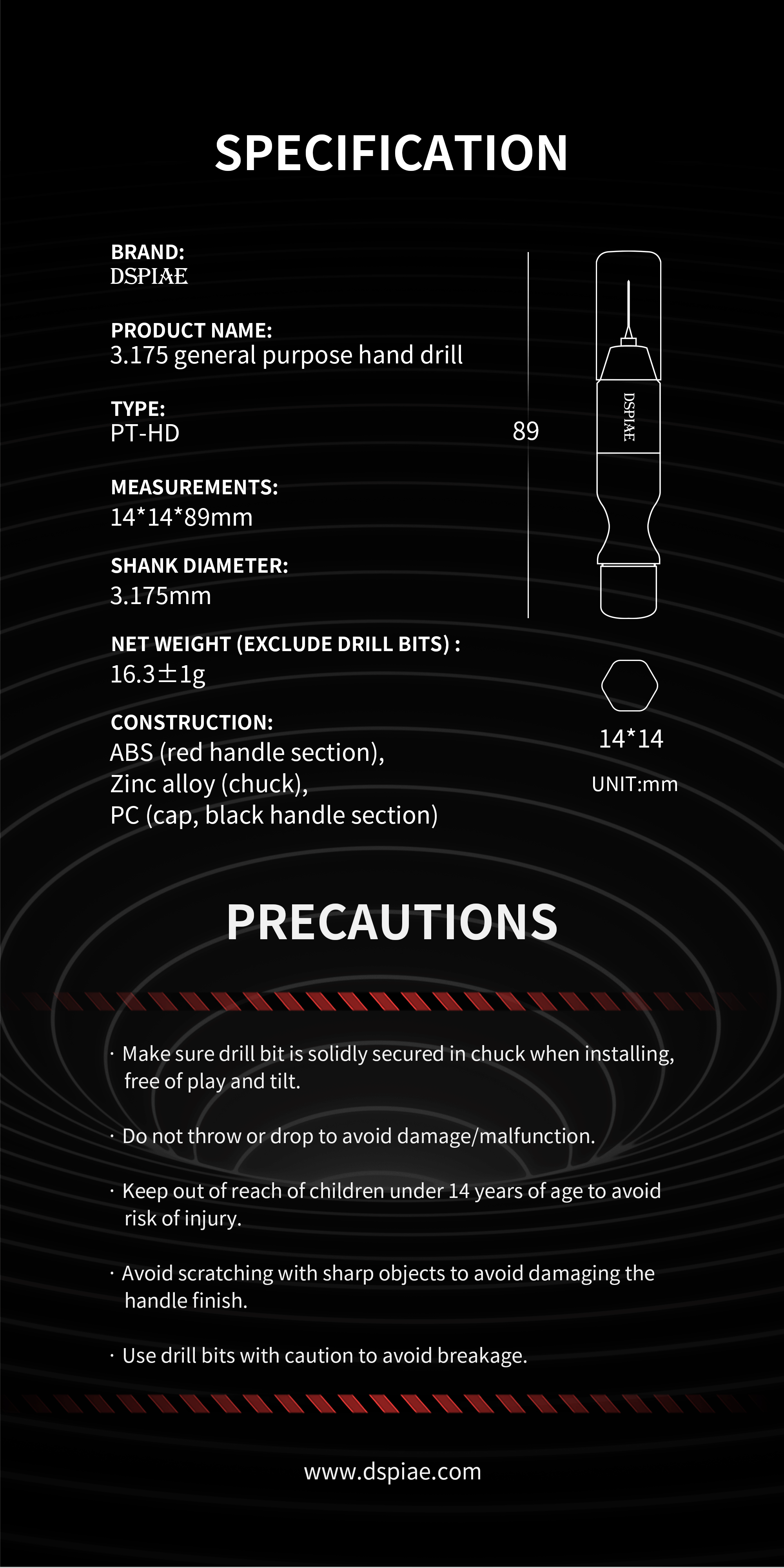 Dspiae 3.175mm General Purpose Hand Drill # PT-HD