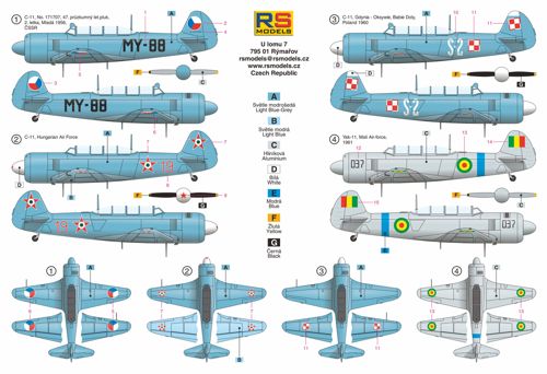 RS Models 1/72 Yakovlev Yak-11 / C-11 "Moose" 4 decal variants for CSSR, Hungarian, Poland, Mali # 92166