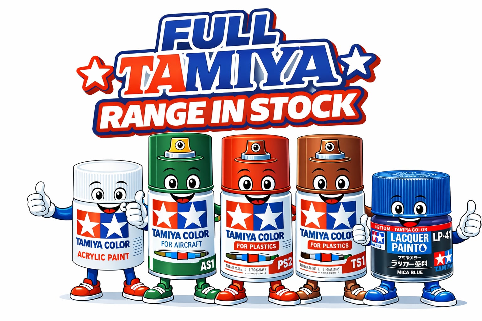 Tamiya paint cartoon characters showing acrylic, AS, PS and TS spray paints fully