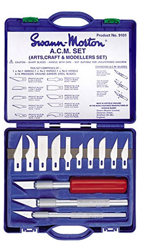 Swann Morton A.C.M Set (Art's, craft and Modellers Set) Includes 1 x No.1 handle, 1 x No.2 handle, 1 x No.5 handle and 13 precision ground carbon steel blades # SM9101