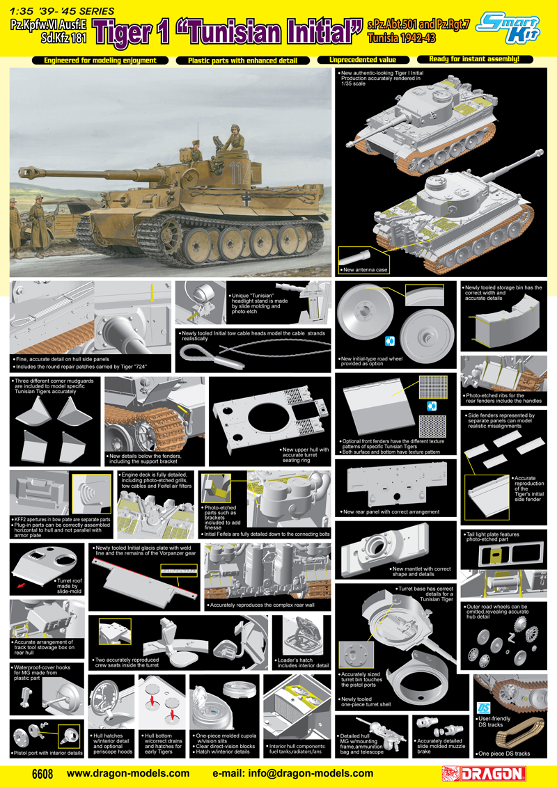 Dragon 1/35 Pz.Kpfw.VI Ausf.E Sd.Kfz 181 Tiger 1 &ldquo;Tunisian Initial&rdquo; s.Pz.Abt.501 and Pz.Rgt.7 Tunisia 1942-43 # 6608