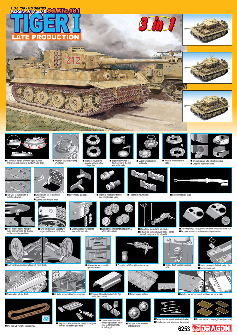 Dragon 1/35 Pz.Kpfw.VI Ausf.E Tiger 1 Late Production (3 choices in 1) Sd.Kfz.181 # 6253
