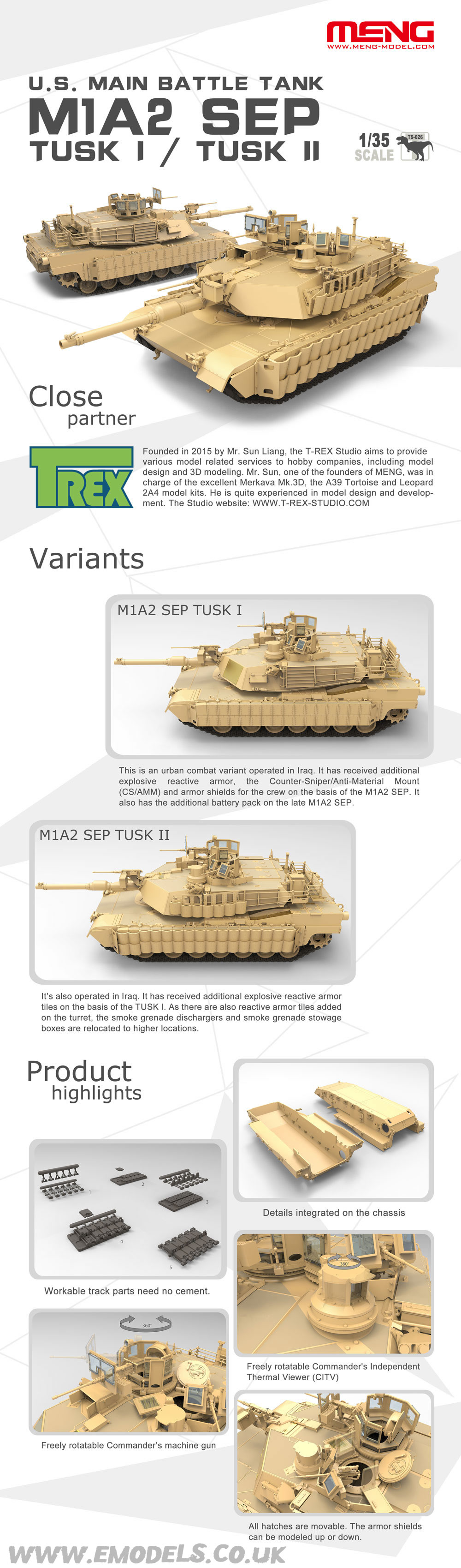 Meng Model 1/35 US Main Battle Tank M1a2 SEP Abrams TUSK I / TUSK II # TS-026