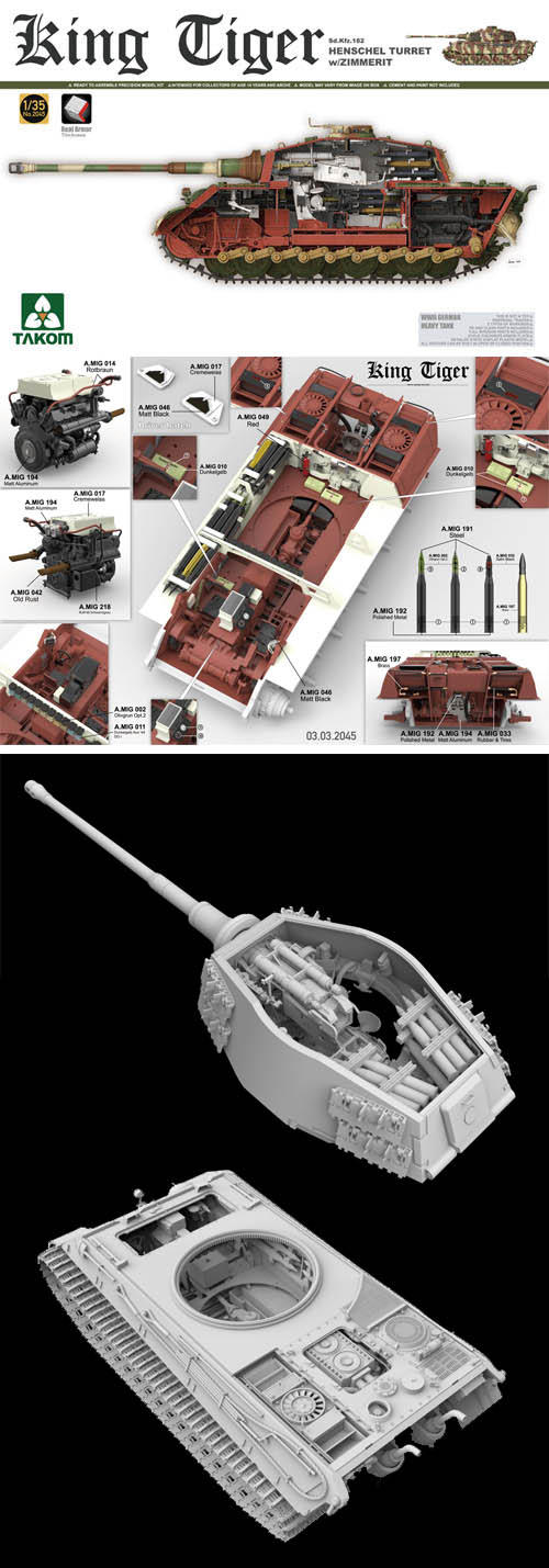 Takom 1/35 German Heavy Tank SdKfz 182 King Tiger w/ Zimmerit & Interior # 02045