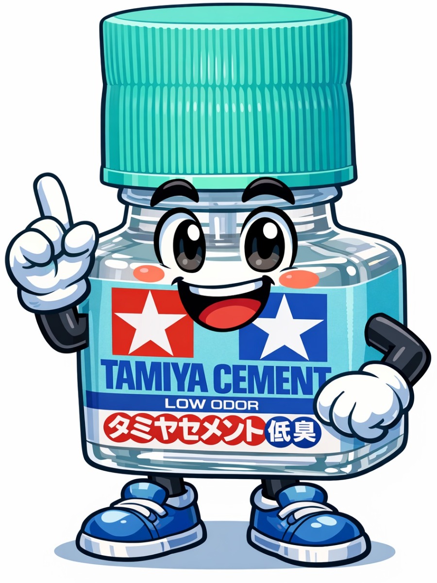 Cartoon character of Tamiya Cement Low Odor plastic model glue bottle